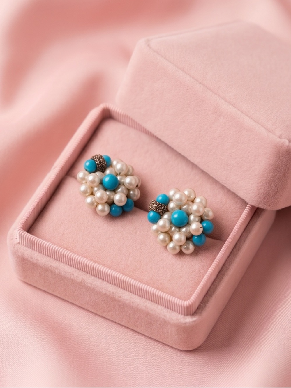 Vintage Faux Pearl Turquoise Cluster Stud clip on Earrings  1950s–1970s.